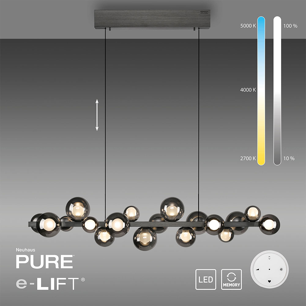 Pure E-Popup 2557 Pendelleuchte mit organischer Form, 1200 mm Breite und elektrisch verstellbarer H&ouml;he &ndash; ideal als Blickfang &uuml;ber Esstischen oder Kochinseln.