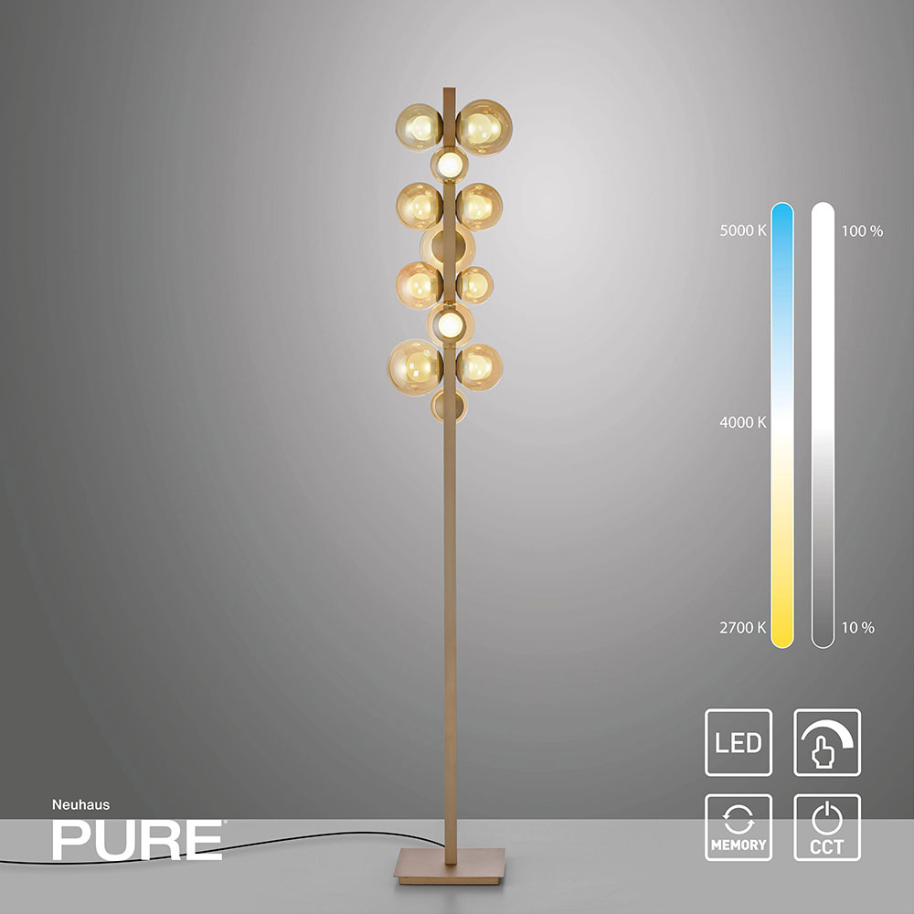 Pure Popup 557 Stehleuchte mit 1600 mm H&ouml;he und Amberglas-Kugeln in drei Gr&ouml;&szlig;en &ndash; eleganter Blickfang und perfekte Erg&auml;nzung zur Pendelleuchte E-Popup 2557.